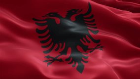 Albania flag video waving in wind. Realistic flag background. Close up view, perfect loop, 4K footage