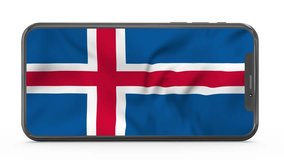 Waving flag of Iceland on a mobile phone screen. 3d animation in 4k resolution video.