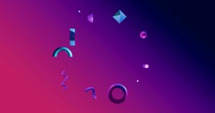 Animation of abstract 3d shapes over pink and purple background. Communication, data processing, creativity and digital interface background concept digitally generated video.