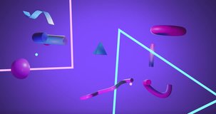 Animation of abstract 3d shapes over purple background. Communication, data processing, creativity and digital interface background concept digitally generated video.