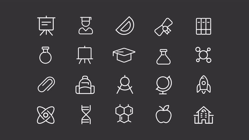 Education white animation set. Online learning animated line icons. Personal growth. Knowledge base. College student. Isolated illustrations on dark background. Transition alpha. HD video. Icon pack Royalty-Free Stock Footage #1106307903