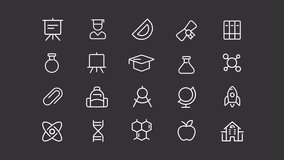 Education white animation set. Online learning animated line icons. Personal growth. Knowledge base. College student. Isolated illustrations on dark background. Transition alpha. HD video. Icon pack