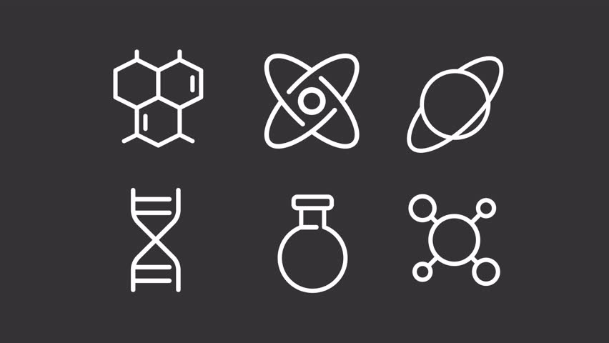 Science white animation set. Scientific discovery animated line icons. Education technology. Laboratory research. Isolated illustrations on dark background. Transition alpha. HD video. Icon pack