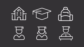 Study white animation set. High school animated line icons. Continuous improvement. University student. Isolated illustrations on dark background. Transition alpha. HD video. Icon pack