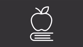 School lunch white line animation. Apple on book animated icon. Healthy knowledge. Study material. Back to school. Isolated illustration on dark background. Transition alpha video. Motion graphic