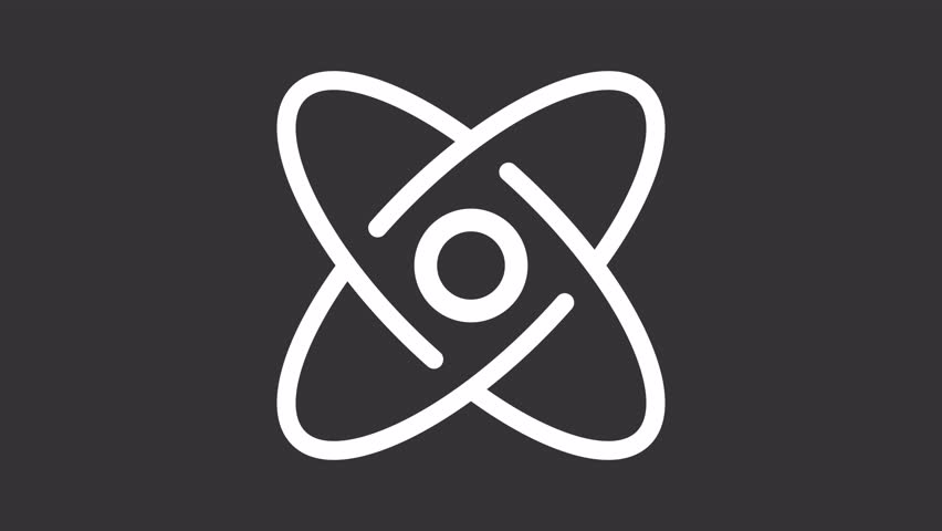 Atom white animated icon. Atomic structure line animation. Trim paths. Scientific development. Chemistry class. Isolated illustration on dark background. Transition alpha video. Motion graphic