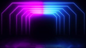 Bright neon stripes abstract technology background with blue pink rays and reflective floor. Seamless loop animation. 4K footage