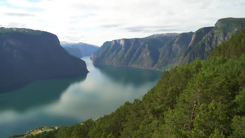 Aurlandsfjord fjord amazing landscape, Norway Scandinavia. National tourist route Aurlandsfjellet Royalty-Free Stock Footage #1106311573