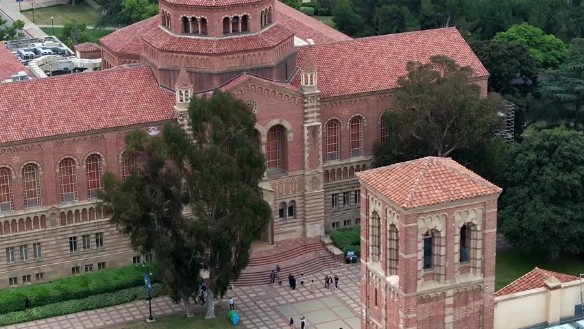 UCLA campus, University of California Los Angeles, isolated Instructional Media building aerial orbit Royalty-Free Stock Footage #1106312127