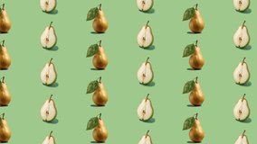 Stop motion Cut and whole Pear appear and disappear on pastel color background. High quality video 4K. Detailed stop motion video. Background or wallpaper in food and drinks videos.