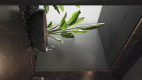 Vertical Video 3d Render of modern bathroom with black marble and plaster walls. Black bathtub and black stones on the floor. Big plants. Natural light. 