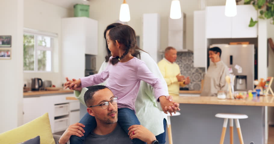 Happy, airplane and family on a sofa playing, bond and relax at grandparents home together. Flying, love and girl child with mother and father for shoulder, game and piggyback fun in a living room