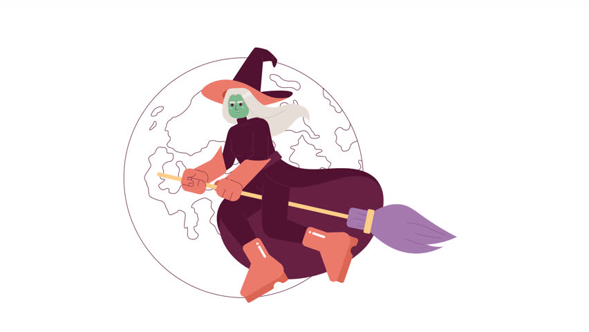 Scary witch halloween 2D animation. Mysterious sorceress with moon background 4K video motion graphic. Wicked witch evil sitting on broomstick color animated cartoon flat concept, white background