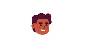 Curly hair african american man nodding 2D avatar icon animation. Guy with bright smile flat cartoon 4K video, transparent alpha channel. Happy animated person facial expression on white background