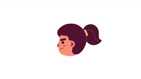 Angry girl with ponytail side view 2D avatar icon animation. Young woman looking up flat cartoon 4K video, transparent alpha channel. Upset teen animated person facial expression on white background