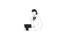 Female employee bw animation. Animated character serious office worker holding papers. Monochrome 2D flat outline cartoon 4K video, white background, alpha channel transparency for web design