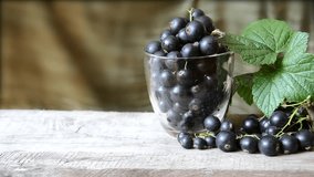 Black currant berries in the glass on table and berries on branches and leaves
