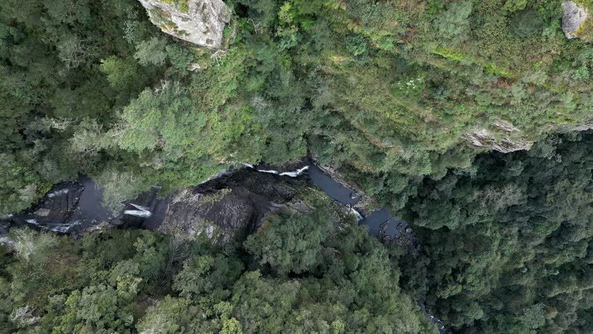 A birds-eye-view aerial descent into a ravine reveals a shaded, lush, dense, green, indigenous forest, a rocky cliff face, cascading ribbon waterfalls, and rock pools.