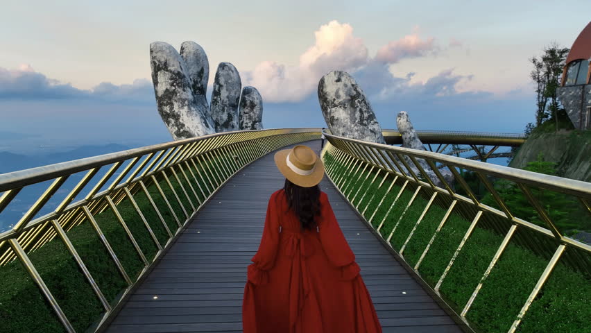 Tourist walking at Golden bridge in Bana hills, Danang, Vietnam. Royalty-Free Stock Footage #1106320947