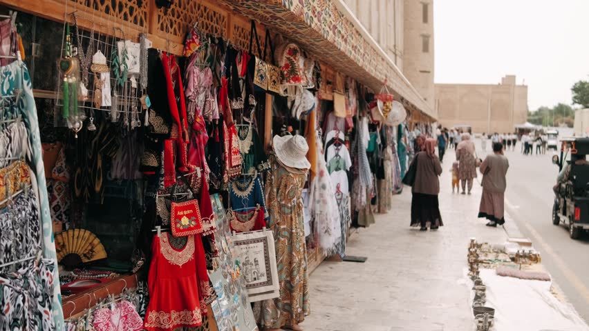 Colorful oriental bazaar, traditional street market in Uzbekistan .Street market in Bukhara. Travel concept.