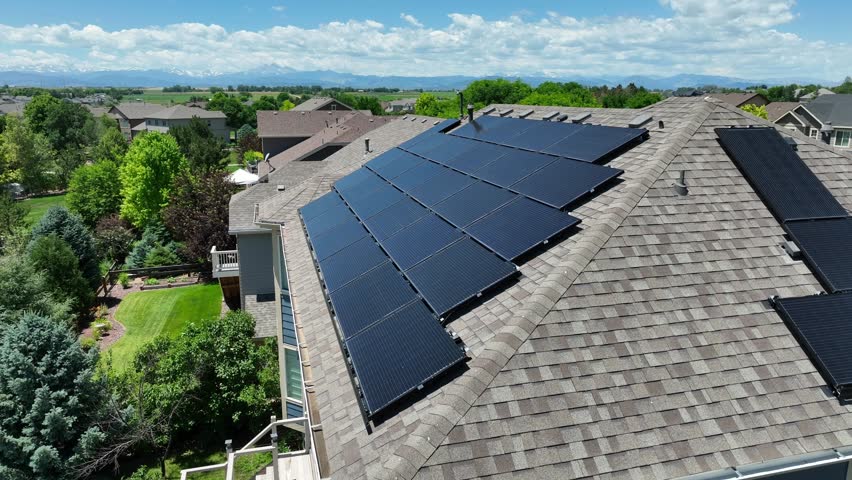 Solar panels on upscale home on summer day. Aerial shot of green, renewable energy in USA. Royalty-Free Stock Footage #1106330149