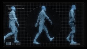 A looping digital data screen showing walking humanoid figures with various digital information and data overlays. - Powered by Shutterstock - Get 15% off with code: PIKWIZARD15
