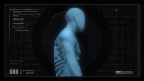 A looping digital data screen showing a walking humanoid figure with various digital information and data overlays. - Powered by Shutterstock - Get 15% off with code: PIKWIZARD15