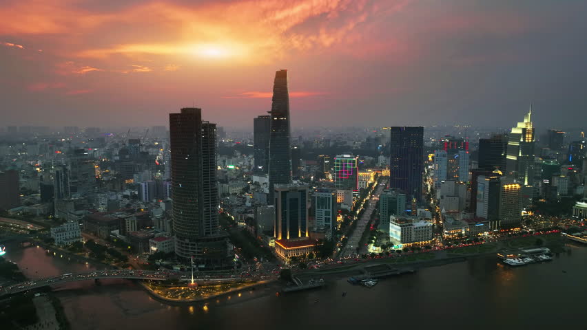 Aerial view of Ho chi minh city at twilight in Vietnam.