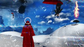 Figure in red cloak stands in desert. Man floats in red umbrella. Green tree on a sand dune. Figure of monk in a distance. 4K Animated video