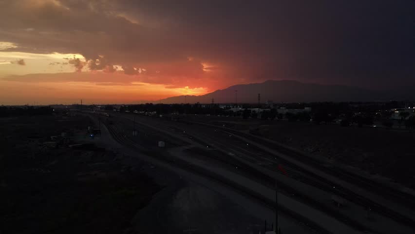 Sunset drone shot at train yard