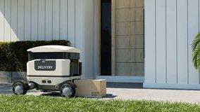 Food delivery robot is driving delivers to the front of the house quickly.3d rendering - Powered by Shutterstock - Get 15% off with code: PIKWIZARD15
