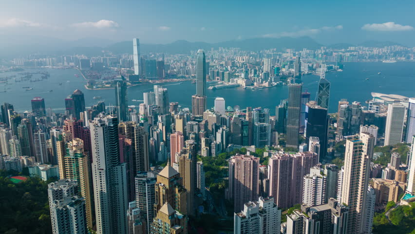 Aerial hyperlapse, dronelapse video of Hong Kong city in daytime Royalty-Free Stock Footage #1106351571