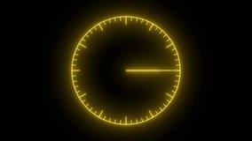 Vertical video animation of analog clock with moving arrows in seamless 12 hour loop in neon yellow on black background. Stopwatch animation. 