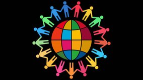 Loop animation of the SDGs-colored Earth icon, a person holding hands, and a tree rotating in place of each other.