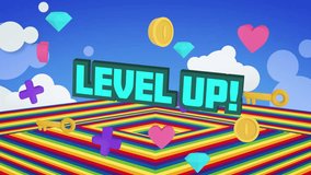 Animation of level up text over rainbow shape. Global video game, communication, retro, future, connections and data processing concept digitally generated video. - Powered by Shutterstock - Get 15% off with code: PIKWIZARD15