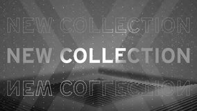 Animation of new collection text over pattern on grey background. Global retail, communication, retro, future, connections and data processing concept digitally generated video. - Powered by Shutterstock - Get 15% off with code: PIKWIZARD15