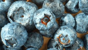 In a mesmerizing macro video, luscious blueberries glisten with droplets of water, capturing the essence of nature's freshness. The Probe lens reveals intricate details. Blueberry background. 4K HDR
