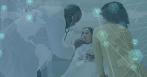 Animation of medical data processing over african american male doctor. Global healthcare, science, medicine, research, computing and data processing concept digitally generated video.
