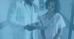 Animation of medical data processing over diverse doctors. Global healthcare, science, medicine, research, computing and data processing concept digitally generated video.