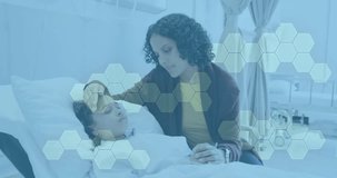 Animation of medical data processing over biracial mother with girl patient. Global healthcare, science, medicine, research, computing and data processing concept digitally generated video.
