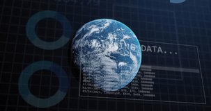 Animation of statistics and data processing over globe. Global business, communication, digital interface, finance and data processing concept digitally generated video.