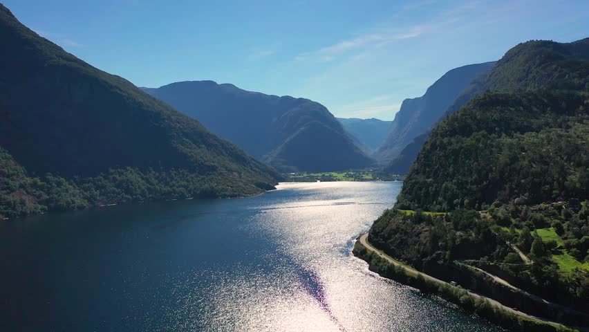Nature of Norway. The most beautiful landscapes. Unforgettable travel. Majestic fjord shot by drone. Aerial view. Royalty-Free Stock Footage #1106368493