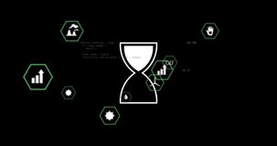Animation of ai data processing over hourglass icon and dark background. Global artificial intelligence, digital interface, computing and data processing concept digitally generated video.