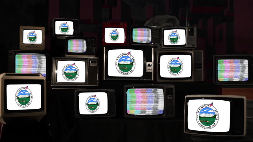 Flag of Flagstaff, Arizona, and Vintage Televisions. 4K Resolution.