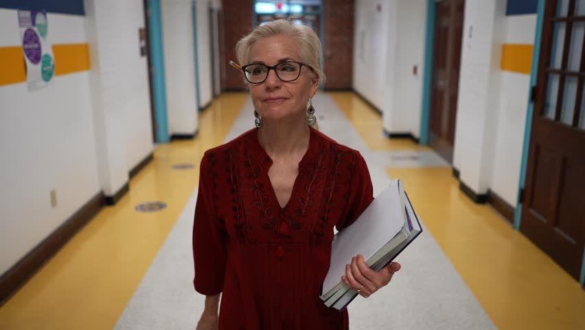 Closeup slow motion side view of attractive cheerful mature woman teacher walking down a school hallway lined with lockers. Royalty-Free Stock Footage #1106384857