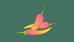 Chili (cayenne) spicy peppers changing colours (pink, orange, red, yellow) on a green background, 2d 4k animation