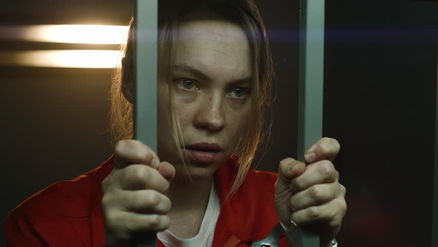 Scared female prisoner in orange uniform holds metal bars, stands in prison cell in handcuffs, looks at camera. Woman criminal serves imprisonment term for crime in jail or detention center. Portrait. Royalty-Free Stock Footage #1106388575