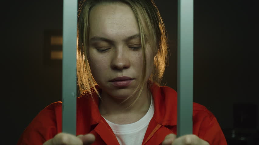 Female prisoner in orange uniform shakes, holds metal bars, looks at camera, then goes to window in prison cell. Woman criminal serves imprisonment term in jail or correctional facility. Portrait. Royalty-Free Stock Footage #1106388641