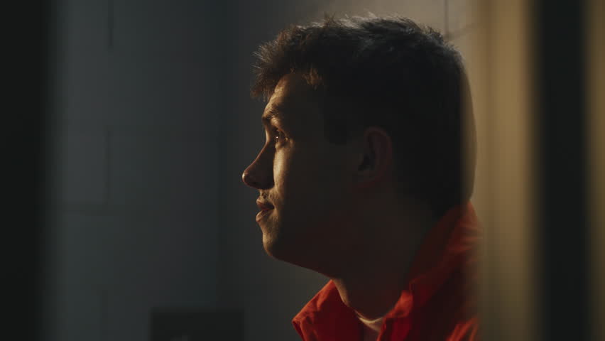 Prisoner in orange uniform sits in prison cell. Cellmate speaks aggressively, threatens him. Inmates serve imprisonment terms for crimes in jail. Detention center or correctional facility. Close up.