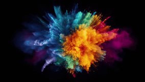 Slow motion shot of color burst waves. Iridescent multicolor colorful pigment smoke, powder, fluid, ink particles. Explosion powder rainbow colors in the center on black background. - Powered by Shutterstock - Get 15% off with code: PIKWIZARD15